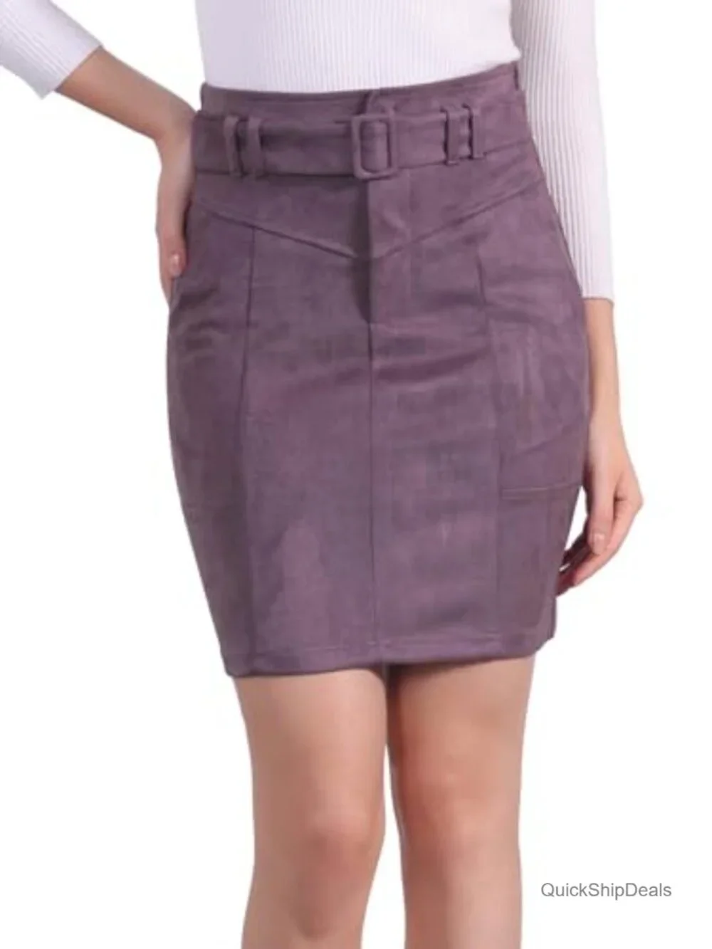 Women's Faux Suede High Waist Belted Mini Skirt with Pockets
